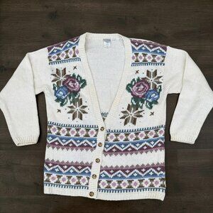 Jantzen HAND Embroidered Cardigan L Cream Floral Cottagecore Grandma Core 3228